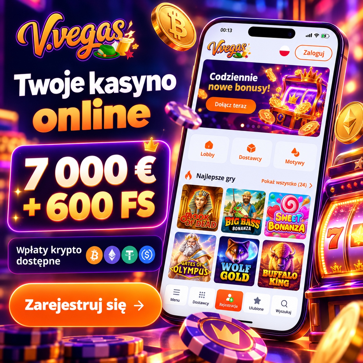 Materiał promocyjny V.Vegas Casino – oferta 7 000 € + 600 FS