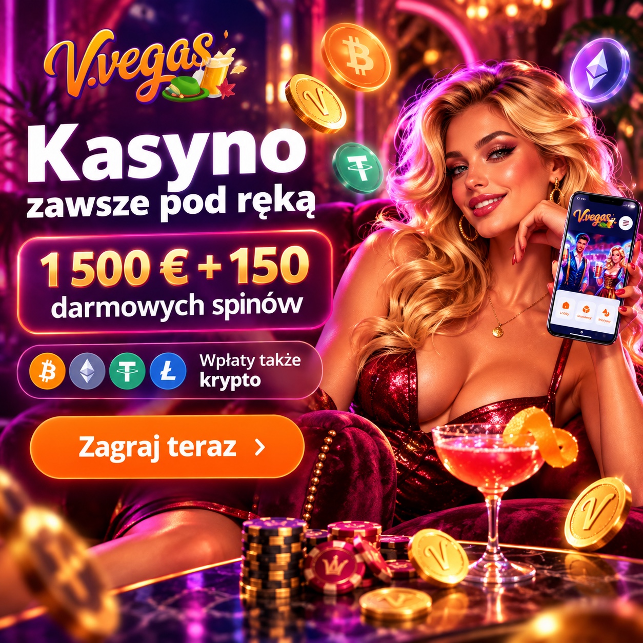 V.Vegas Casino – wpłaty kryptowalutowe i materiał promocyjny 1 500 € + 150 darmowych spinów